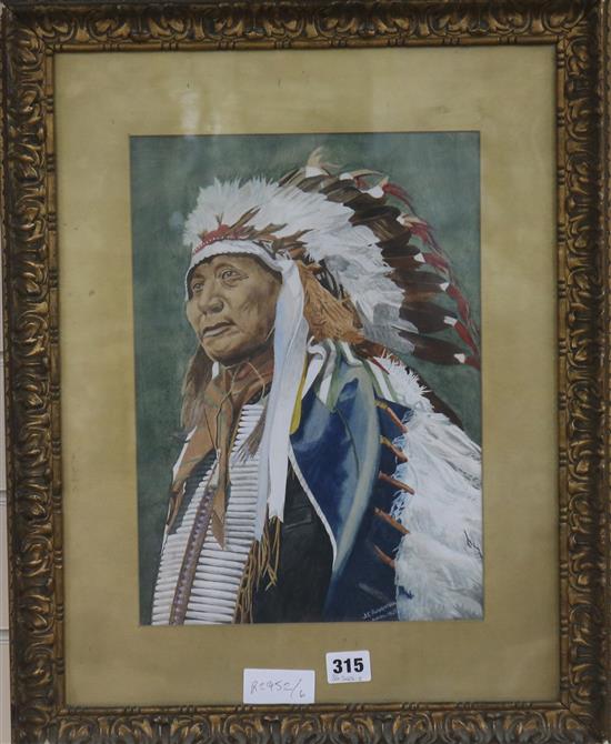 J. C. Robertson 1927, watercolour, portrait of a North American Indian, signed, 34.5 x 24.5cm